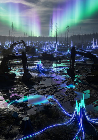 Deforested landscape with excavators, muddy ground, glowing neon light veins, and aurora borealis overheadの素材