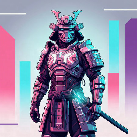 Full-body illustration of a futuristic samurai warrior in chrome and pink armor with a glowing katanaの素材