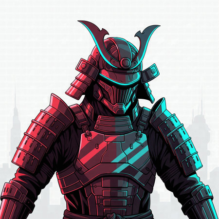 Close-up illustration of a dark futuristic samurai in high-tech armor with contrasting red and cyan neon lightingの素材