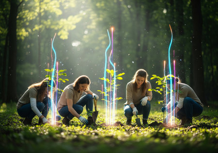Foresters planting trees in a sunlit forest with abstract, glowing neon light beams accelerating the growth of saplingsの素材