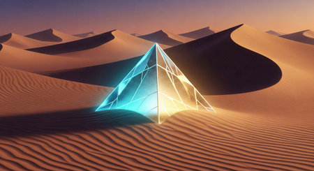 Dichromatic Glass Pyramid in the Desert: A Faceted Glowing Structure with Blue and Gold Hues on Sculpted Sand Dunesの素材