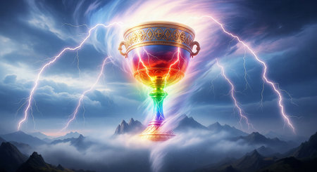 Rainbow Chalice in a Thunderstorm: An Ornate Cup Radiating Vibrant Energy Amidst Lightning, Mountains, and Mystical Fogの素材