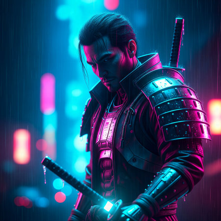 Cyberpunk samurai warrior in futuristic armor holding a glowing katana in the neon-lit rain.の素材