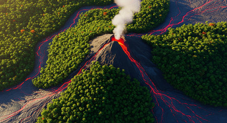 Aerial view of a volcano erupting with lava flowing in red streams through a dense green forest.の素材