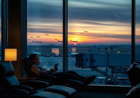 Man relaxing with a tablet in an airport lounge watching airplanes taking off at a dramatic sunset.の素材