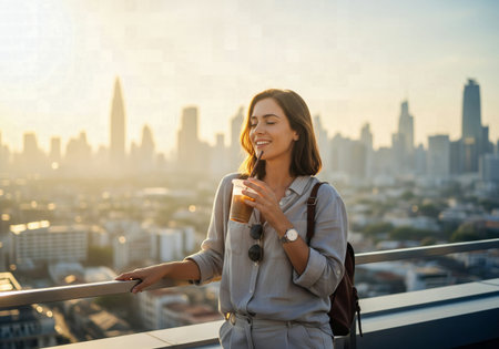 Smiling Woman Enjoying an Iced Coffee on a Rooftop Terrace with a Bright City Skyline View at Sunsetの素材