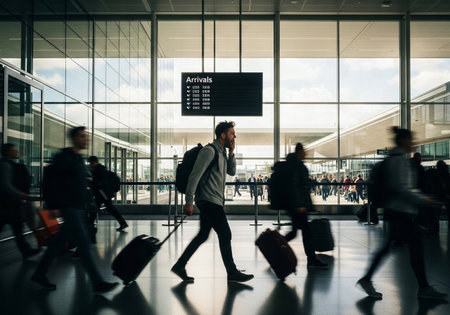 Dynamic Motion Blur Shot of a Traveler on a Phone Walking Through a Busy Airport Arrival Hallの素材