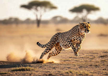 Cheetah Running at High Speed Through Dry Savannah Kicking Up Dust at Sunsetの素材