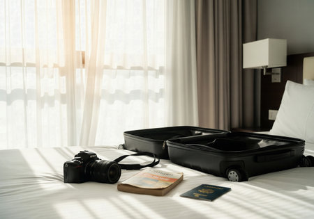 Travel Gear on a Hotel Bed: Camera, Passport, and Guidebook Next to an Open Suitcaseの素材