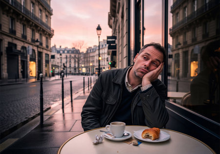 Man Looking Tiredly at an Outdoor French Cafe Table with Coffee and a Croissant at Sunriseの素材