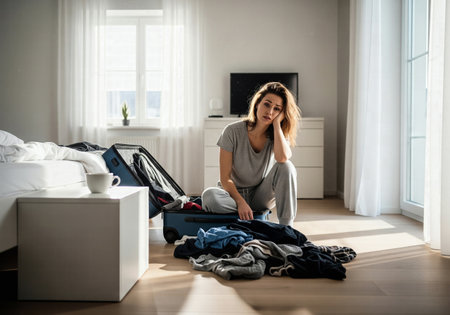Tired Woman Sitting on the Floor Next to a Messy, Unpacked Suitcase in a Bright Minimalist Bedroomの素材