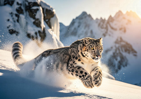 Snow Leopard Running Across a Snowfield, Kickstarting Snow Powder with Mountains in the Backgroundの素材