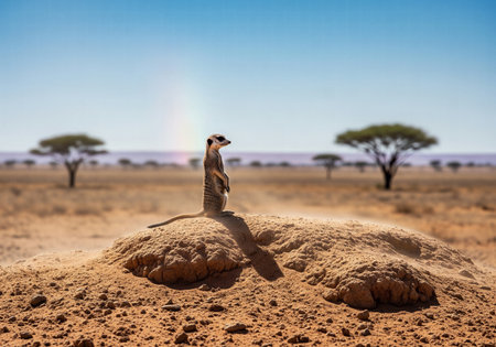 Meerkat Standing Guard on a Mound in the Kalahari Desert with Acacia Trees in Backgroundの素材