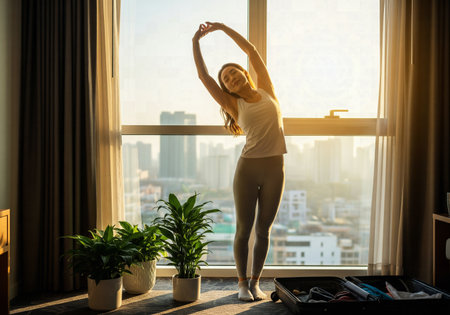 Silhouetted Woman Stretching and Greeting the Morning Sun in a Hotel Room with a City Viewの素材