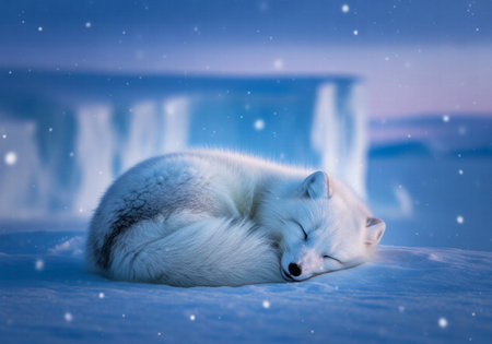 Sleeping arctic fox curled up on snow in a snowy, icy, blue environment under a gentle snowfallの素材