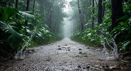 Rain falling heavily on a gravel forest path, creating prominent water splash crowns, moody atmosphereの素材
