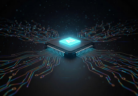AI Processor on a Dark Circuit Board with Multicolored Digital Trails Flowing Outwardの素材