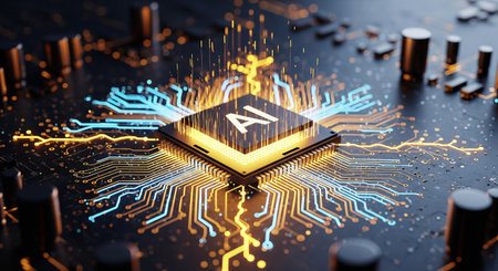 AI Processor Chip on a Motherboard with Glowing Orange and Blue Digital Circuit Tracesの素材