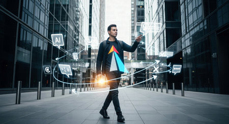 Young Man Interacting with an Augmented Reality AI Interface in a Modern City Environmentの素材
