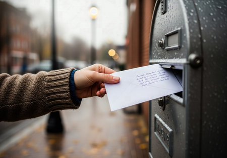 Close-up of a Hand Posting a White Envelope into a Metallic Mailbox on a Rainy Dayの素材