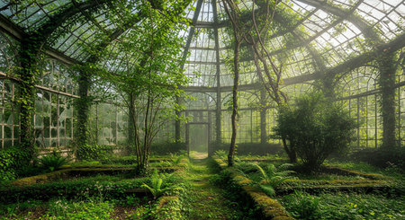 Interior of a Ruined, Overgrown Victorian Glass Greenhouse or Conservatory with Sunlightの素材