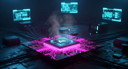 AI Processor Chip on a Circuit Board Glowing Neon Pink in a Dark, Futuristic Data Center Environmentの素材