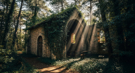 Abandoned Stone Chapel Ruin Overgrown with Ivy in a Sunlit Forest with Light Beams Entering Through Windowsの素材