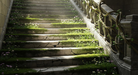 Moss and Cracks on a Decrepit Stone Staircase Banister Covered in Vines and Small Wildflowersの素材