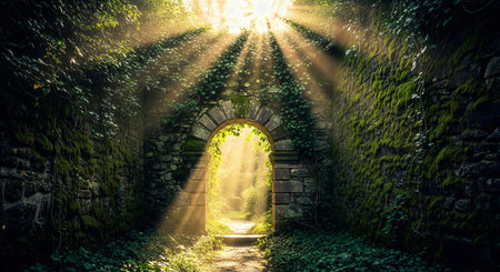 Light Bursting Through a Moss-Covered Stone Archway Leading to a Misty, Sunlit Forest Pathの素材