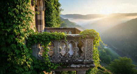 Ivy-Covered Stone Balcony with Intricate Carvings Overlooking a Misty Valley at Sunrise During Light Rainの素材