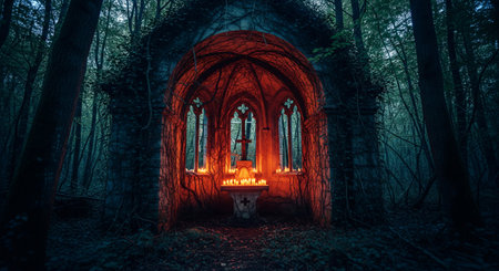 Gothic stone altar bathed in deep red light and candles inside an ivy-covered ruined chapel in a dark forestの素材