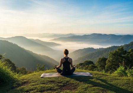 Woman practicing yoga in a serene lotus position on a mat on a hill overlooking a misty, sunlit mountain landscapeの素材
