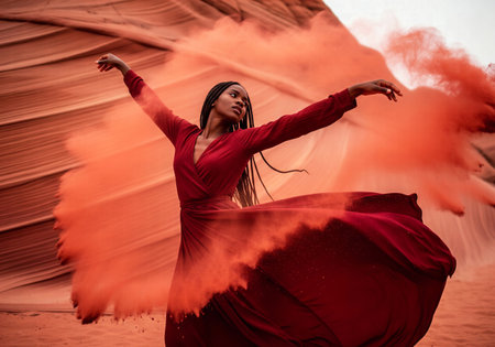 African woman in a long red dress dancing amidst a cloud of red dust and powder in a striking desert landscapeの素材