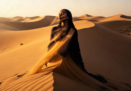 Conceptual image of an African woman in black being enveloped by golden flowing sand in a vast desert at sunsetの素材