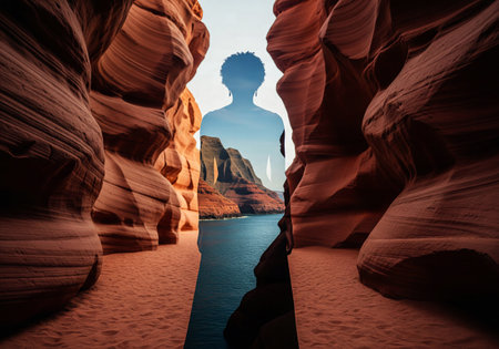 Conceptual double exposure of an African woman's silhouette framing a layered coastal scene inside a vast slot canyonの素材