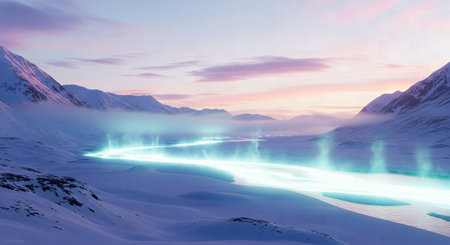 Mystical Blue-Green Light Stream Emitting Fog in a Snow-Covered Mountain Valley at Twilightの素材