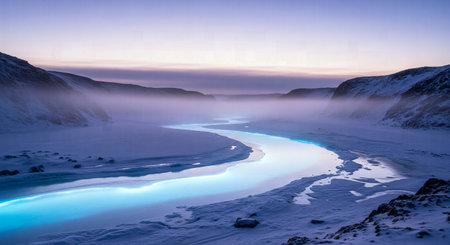 Winding River of Bright Blue Glowing Water in a Snowy Arctic Valley at Twilightの素材