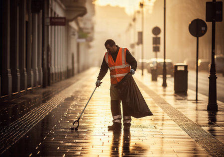 City sanitation worker in high-visibility vest cleaning a wet, reflective sidewalk with a trash grabber toolの素材
