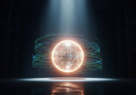 Glowing digital sphere containing data and binary code in a dark environment with circular data streamsの素材