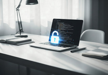 Laptop on a clean desk displaying a glowing padlock and programming code, symbolizing secure dataの素材