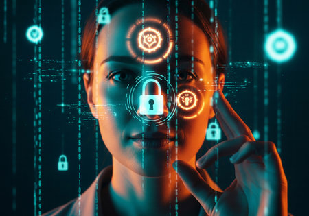 Woman's face with a finger pointing towards a glowing padlock and security symbols in a digital environmentの素材