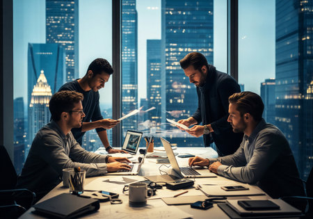 Four focused businessmen working late in an illuminated office with a dramatic skyscraper city view at duskの素材
