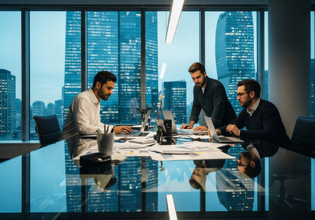 Three businessmen having an intensive late-hour discussion in a high-rise office with city viewsの素材