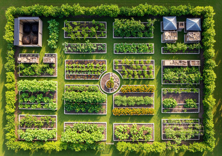 Aerial view of a highly organized, geometric community garden with raised beds and insect hotelsの素材
