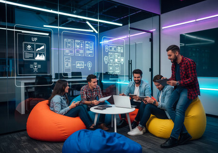 Young team of designers brainstorming UX/UI concepts using laptops and tablets in a vibrant, casual officeの素材