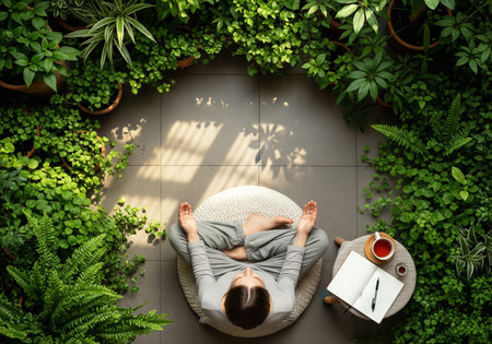 Overhead view of a person meditating on a round cushion surrounded by a dense ring of potted green plantsの素材
