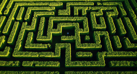 High-angle aerial view of a person standing lost inside a complex, perfectly trimmed green hedge maze labyrinthの素材