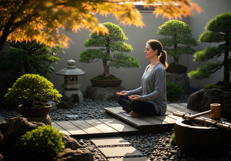Woman meditating in a Japanese rock garden on a wooden deck surrounded by bonsai trees and a stone lantern at sunsetの素材