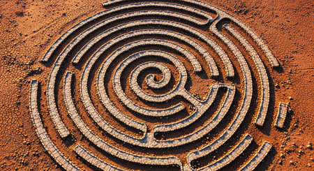 High-angle view of a circular stone labyrinth pattern on dry, cracked orange desert ground at sunsetの素材