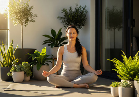 Woman meditating in a light gray outfit on a yoga mat on a modern, sunny balcony surrounded by potted plantsの素材